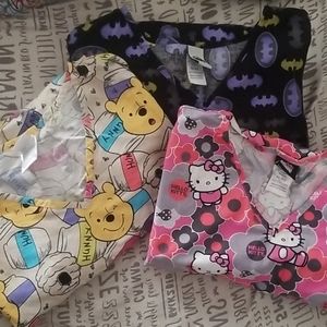 Lot of 3 scrub tops XL Batman Pooh Hello Kitty
